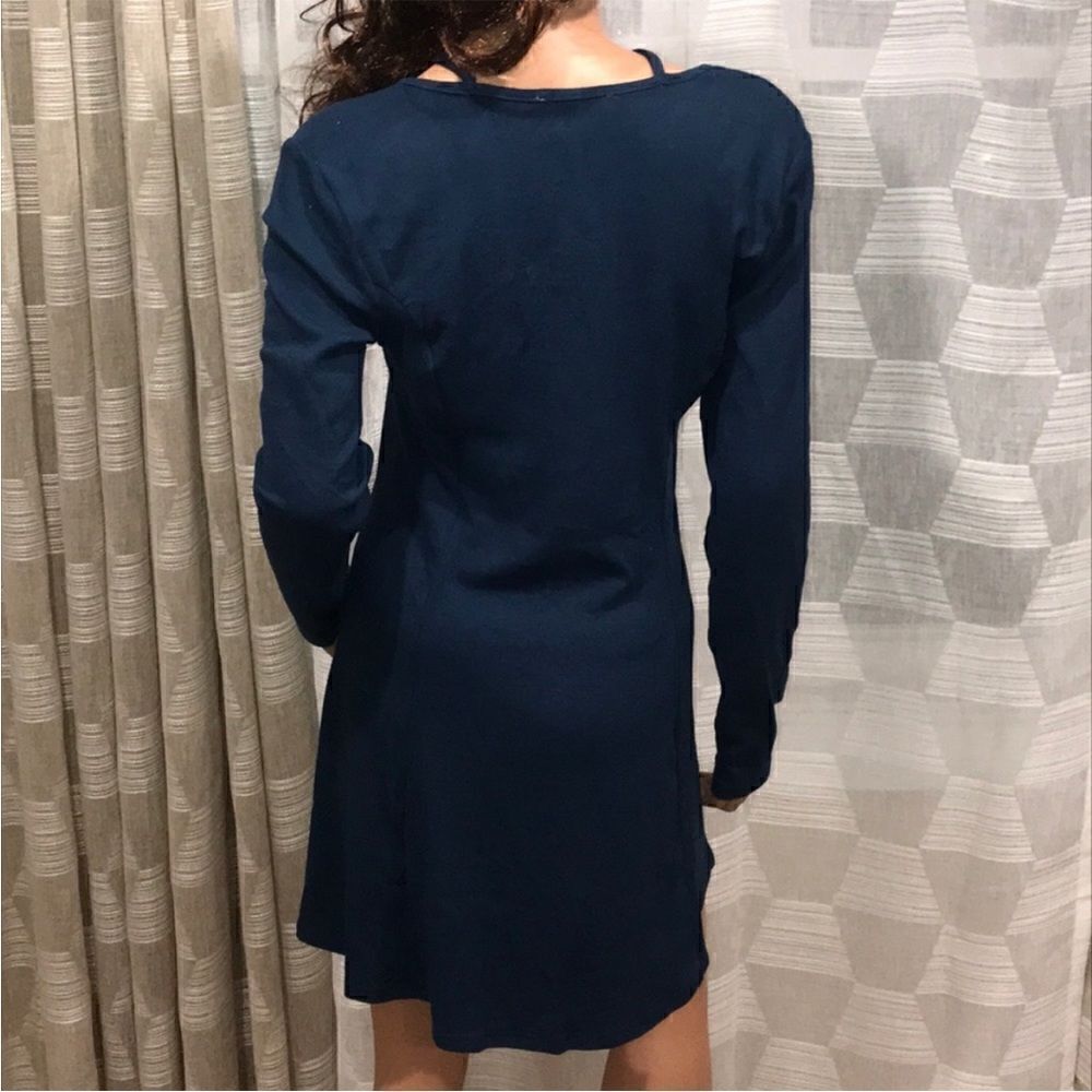 Teal Solid Cross Strap Neckline Long Sleeve Tunic Dress​​​​​​​​​​​​​​​​​ - Picture 4 of 5